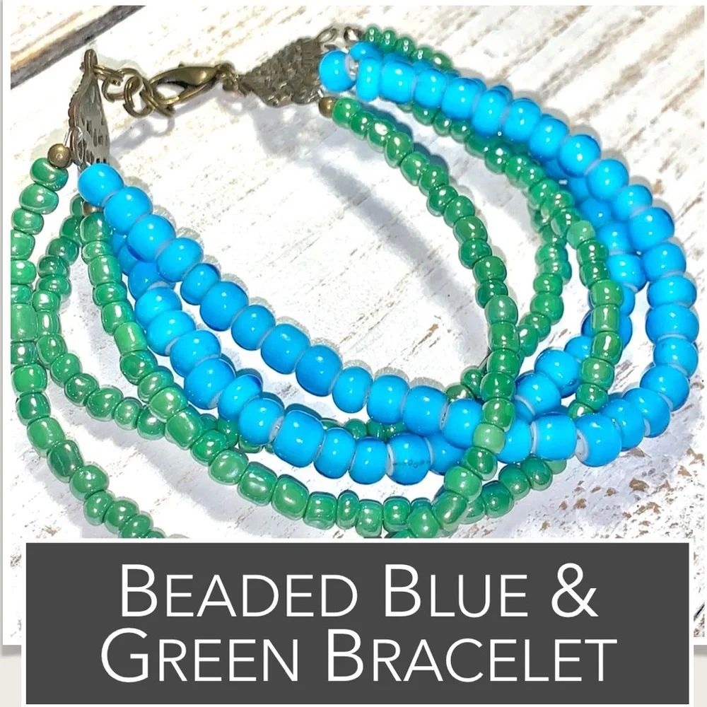 Beaded Bracelet 5-Strands‎ Green & Blue Beads Detailed Design End Pieces & Clasp